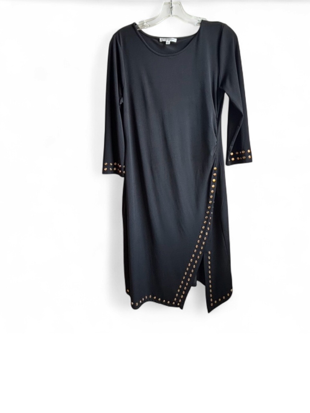 Spense Black Long Sleeve Midi Dress with Gold Stud Accents